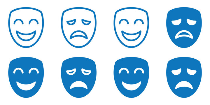 Theatrical masks vector icon set. Theater, theatre mask signs. Masquerade mask. Comedy and tragedy mask symbols.. Vector illustration. comedy and tragedy theater masks in black and red line art.