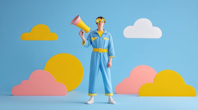 A person in a blue jumpsuit and yellow accessories holds a megaphone against a blue background with stylized yellow, pink, and white cloud cutouts