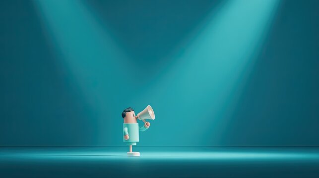 3d illustration of a small stylized character holding a megaphone, standing under a spotlight on a teal background, representing communication and announcement