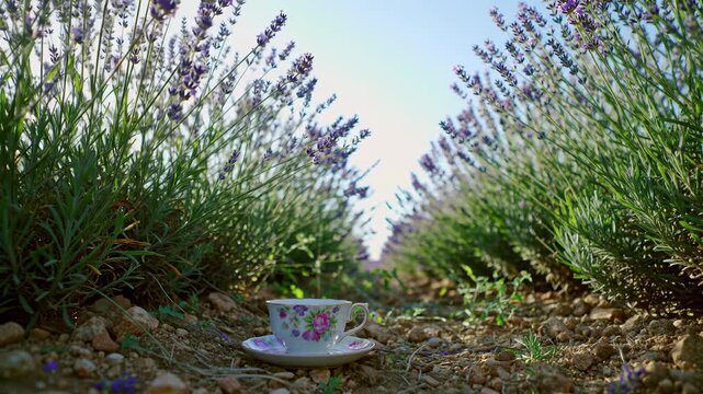 A teacup rests in a lavender field, framing a sunlit path