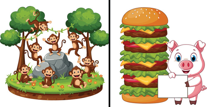 Cute monkeys playing in jungle trees with giant burger and pig holding blank sign cartoon vector illustration collection