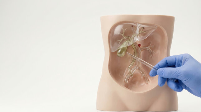 Gallbladder surgery anatomy medical model surgeon concept education healthcare bile duct gallbladder concept for surgery education with medical anatomy model and surgeon hand holding forceps