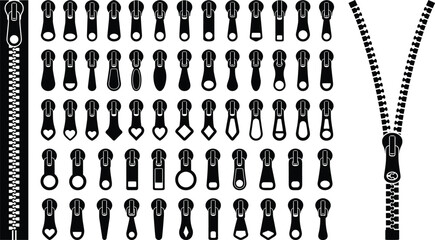 Black silhouette vector set of various zipper pulls sliders and fasteners in diverse shapes and styles for sewing tailoring clothing and textile design elements. © Nayan