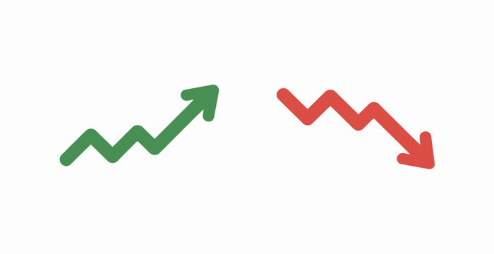 Green upward trending graph arrow and red downward trending graph arrow symbolizing market fluctuations.