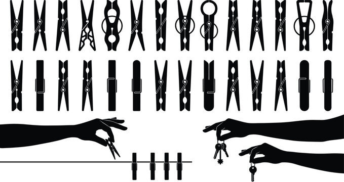 Large black silhouette vector set of various clothespins laundry pegs and hand holding clips for clothesline drying organization and household home utility design elements.