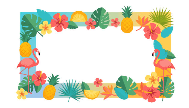 Tropical Paradise Frame Featuring Flamingos, Pineapples, and Hibiscus Flowers for Summer Vacation and Celebration Designs