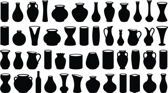 Large black silhouette vector set featuring diverse vase pottery ceramic jar and jug shapes for interior design home decor and museum exhibit graphic elements.