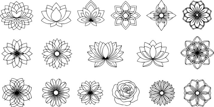 flower shape vector, floral icon set, flowers vector silhouette, symmetrical floral patterns, lotus, petals, abstract blossoms, nature design floral elements illustrations