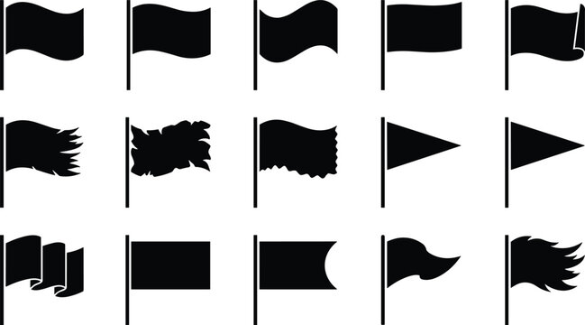 Black silhouette vector set of various flag icons including waving tattered pennant and rectangular shapes on poles for map markers and infographic design elements.