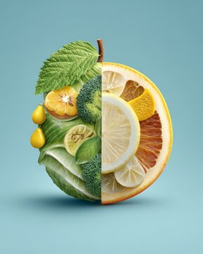 Creative fruit and vegetable split design. organic food healthy food clean eating keto vegan vegetarian diet nutrition natural food
