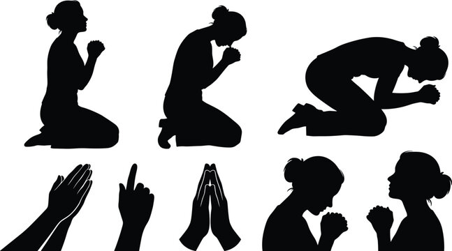 Black silhouette vector set of woman praying in various positions like kneeling and prostrate along with praying hands icons for religious and spiritual designs.