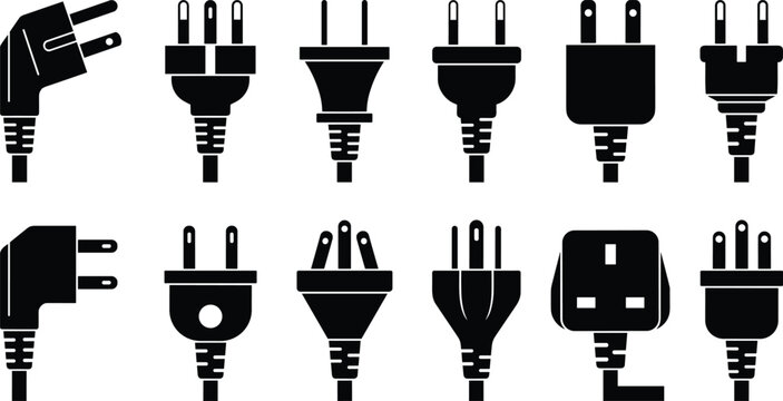 Large set of black electric plug silhouettes including various international socket types like US UK and EU isolated on white background vector icons.