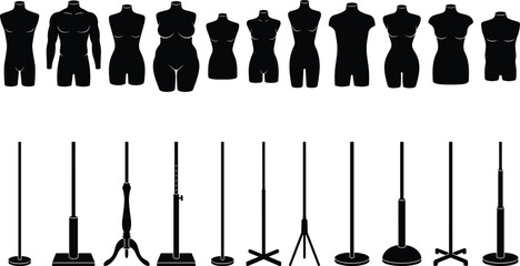Large set of black mannequin silhouettes including male female and plus size torsos with various adjustable display stands isolated on white background vector icons. © Nayan