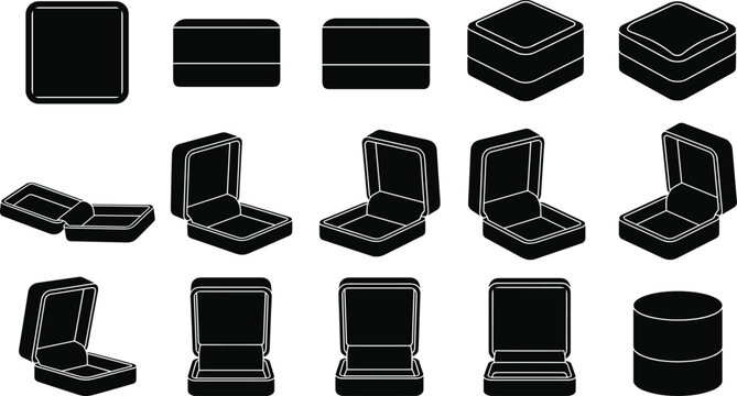 Large set of black jewelry box silhouettes including open and closed ring gift cases isolated on white background vector icons for luxury packaging design.