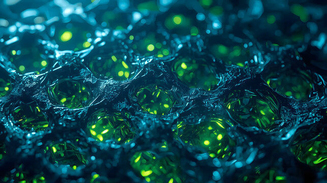 Macro photography of advanced direct air carbon capture filter material with glowing neon green molecules