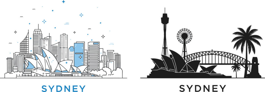 Sydney city skyline vector illustration with famous landmarks modern and silhouette style travel destination design isolated on white background