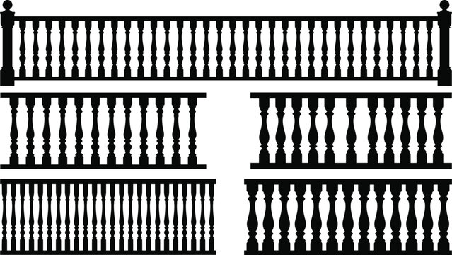 Large set of black balustrade silhouettes including classic turned balusters and railing sections isolated on white background vector icons for architectural and home design.