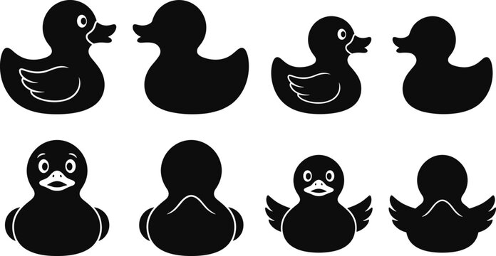 Large set of black rubber duck silhouettes including front side and back views isolated on white background vector icons for bath and toy design.