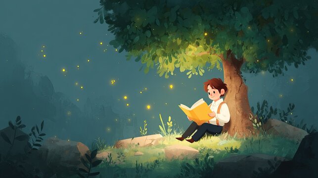 A young boy sitting under a large tree at night reading a glowing book surrounded by magical fireflies in a peaceful forest setting