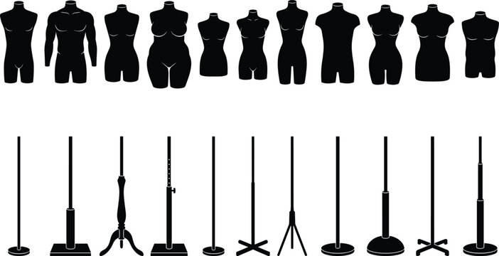 Large set of black mannequin silhouettes including male female and plus size torsos with various adjustable display stands isolated on white background vector icons.