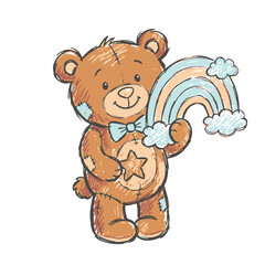 Fototapeta premium Cute teddy bear holding a pastel rainbow with clouds.