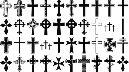 Fototapeta premium Large collection of black Christian cross silhouettes in various religious styles including Celtic Orthodox and decorative shapes isolated on white background for spiritual design projects.