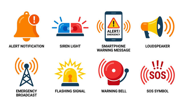 A vector set of emergency alert icons including notification symbols and warning signals for various communication devices on a public information display.