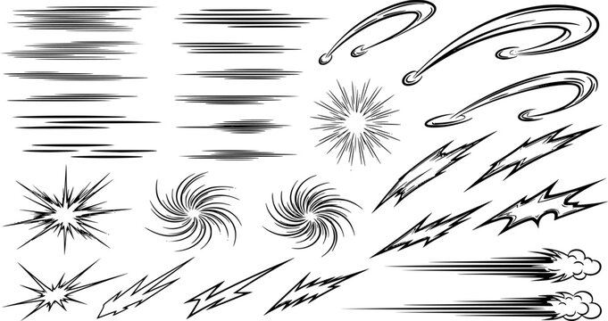 line movement element vector set, comic speed lines, motion lines, dynamic effect, manga action elements, swoosh, burst, swirl, impact stroke, motion streaks, anime style, expressive sketch curve ink