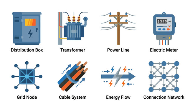 Electricity vector set illustrating distribution infrastructure with distribution box, transformer, power line, electric meter, grid node, cable system, energy flow, and connection network.