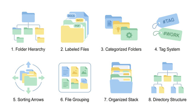 Organized vector set of office supplies and file management icons for business productivity