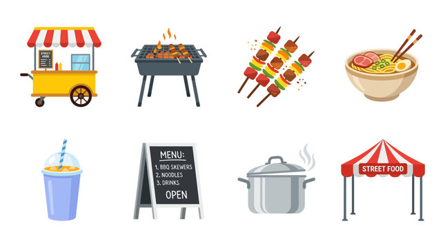 A vector set of food icons including a truck, grill, skewers, bowl, drink, menu, pot, and tent on a sunny day.