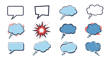 Obraz premium Selection of blue and white speech and thought bubbles with different borders and styles for messaging and creative designs.