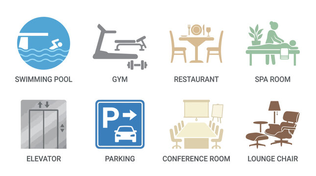 Vector Set of Modern Hotel Amenities and Facilities Icons for Travelers