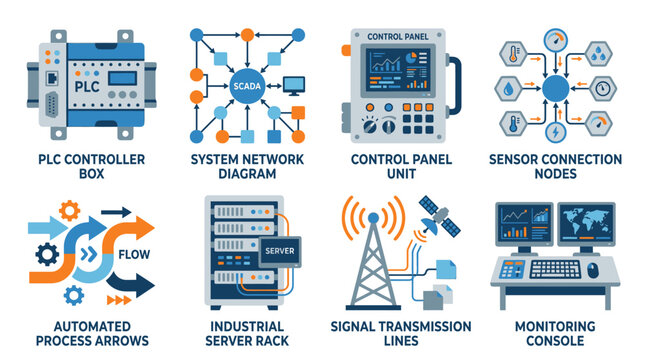 Industrial automation vector set showing various control systems and technology infrastructure components.
