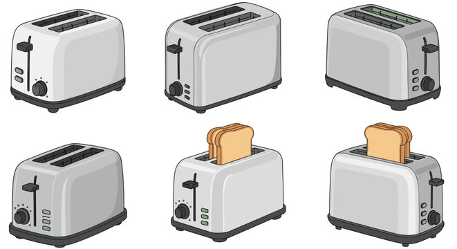 Set of electric toasters from various angles including empty models and those with toasted bread slices for kitchen themes.