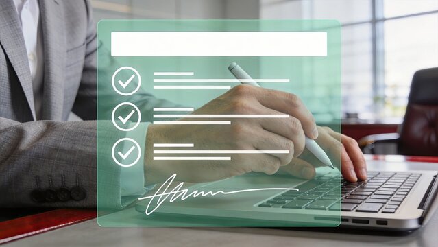 Businessman using laptop with digital checklist overlay signing contract verifying tasks completing online form approval process corporate workflow modern office workspace