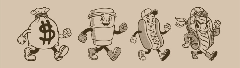 Vector illustration collection pack set of retro groovy cartoon character. retro mascot cartoon characters, groovy cartoons vintage rubber hose style © Royalika
