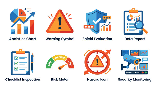 A vector set of business security icons including analytics chart, warning symbol, shield evaluation, and data report for risk management and safety monitoring.