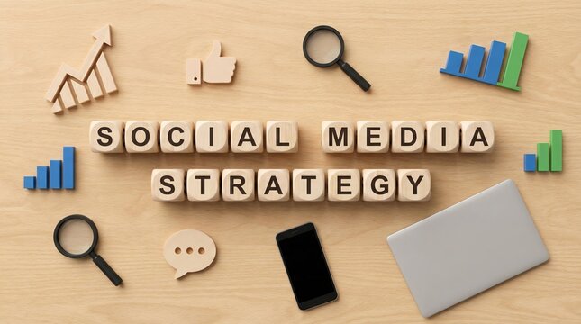 Wooden cubes spelling &ldquo;Social Media Strategy" with a phone and laptop on desk