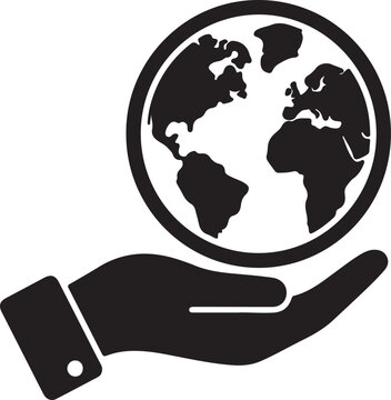 "Hand holding globe silhouette vector illustration symbolizing global care, unity, and environmental responsibility"