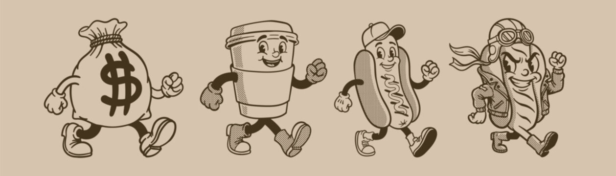 Vector illustration collection pack set of retro groovy cartoon character. retro mascot cartoon characters, groovy cartoons vintage rubber hose style