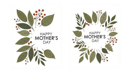Fototapeta premium Green leafy wreaths with red berries, happy mother's day text, minimalist leaves