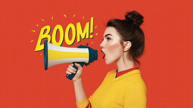 Young woman shouting into a megaphone with a comic book style boom speech bubble on a red background