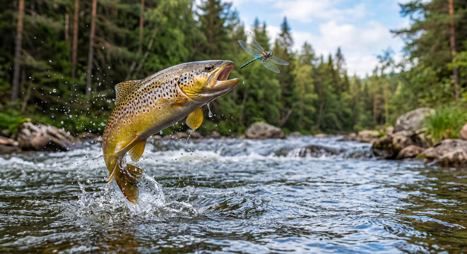 A brown trout jumping out of the water to catch a dragonfly
