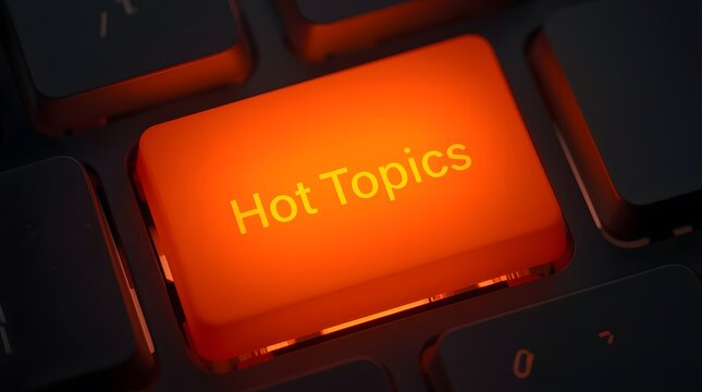 Close-up of a brightly illuminated keyboard key with a smooth, matte finish, displaying the text Hot Topics in vibrant and bold in orange font