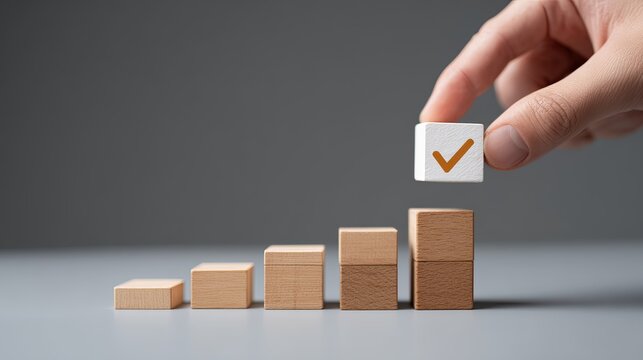 Hand placing a white wooden block with a check mark on top of a stack of wooden blocks, representing success, achievement, and goal completion