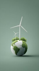 Naklejka premium Eco-friendly world with wind turbines. industrial energy efficiency green factory renewable energy sustainable industry clean technology carbon reduction