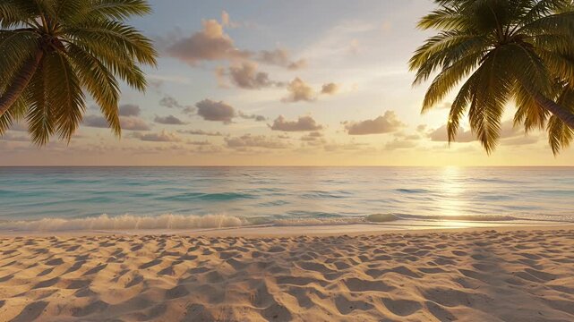tropical beach sunset palm trees over calm ocean horizon