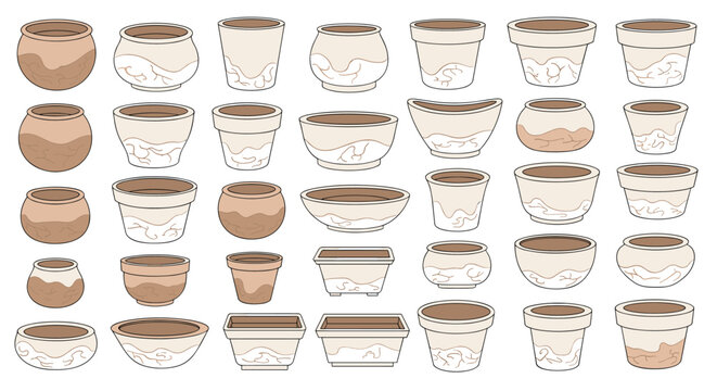 Large collection of empty terracotta and ceramic flower pots in many different shapes and sizes for gardening and indoor plant hobbies.