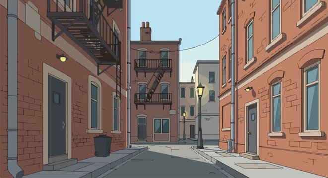 Narrow Street with Red Brick Buildings and Lamp Post.